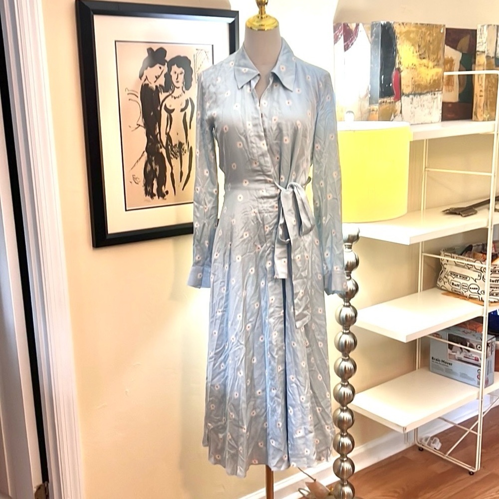 STINE GOYA Pale Blue Daisy Print Button-Front,Side-Wrap Midi Dress,EUC,Size 6 - Picture 5 of 8